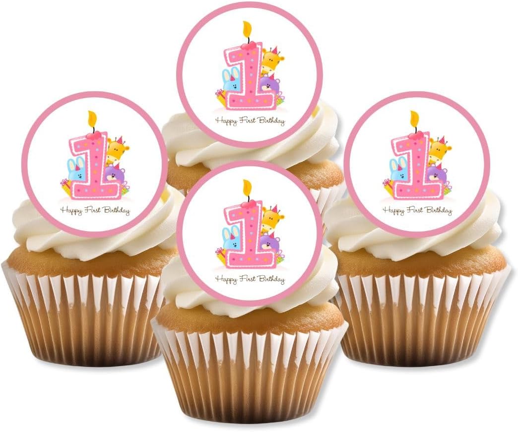 1st Birthday Girl Cake Decorations, Pink Edible Cupcake Toppers, Happy Birthday Cake Toppers, Girls Cupcake Decorations, 24 x 1.5 Inch / 4cm Wafer Card Discs UNCUT