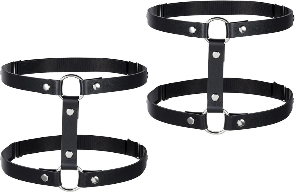 2 Rows Thigh Garters for Women, Leather Leg Harness Adjustable Garter Belt Elastic Thigh Ring Garter Punk Gothic Strap Body Chain Accessories Harness for Leg Women Fashion, Black