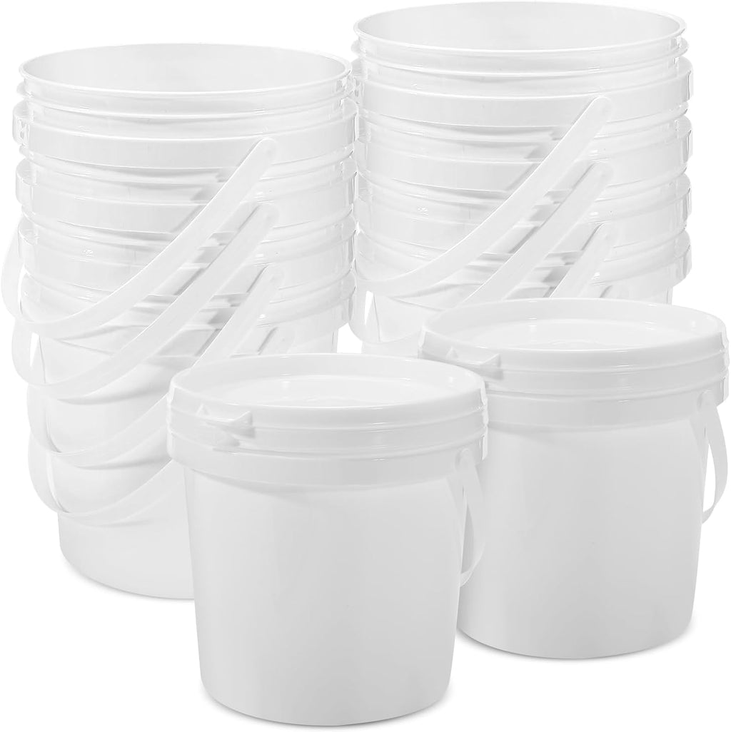 10 Pack 1.4 Quarts White Plastic Buckets with Lids and Handles –Compact Portable Containers for Organizing Dry Food, Paint, Camping Gear, Fishing Accessories