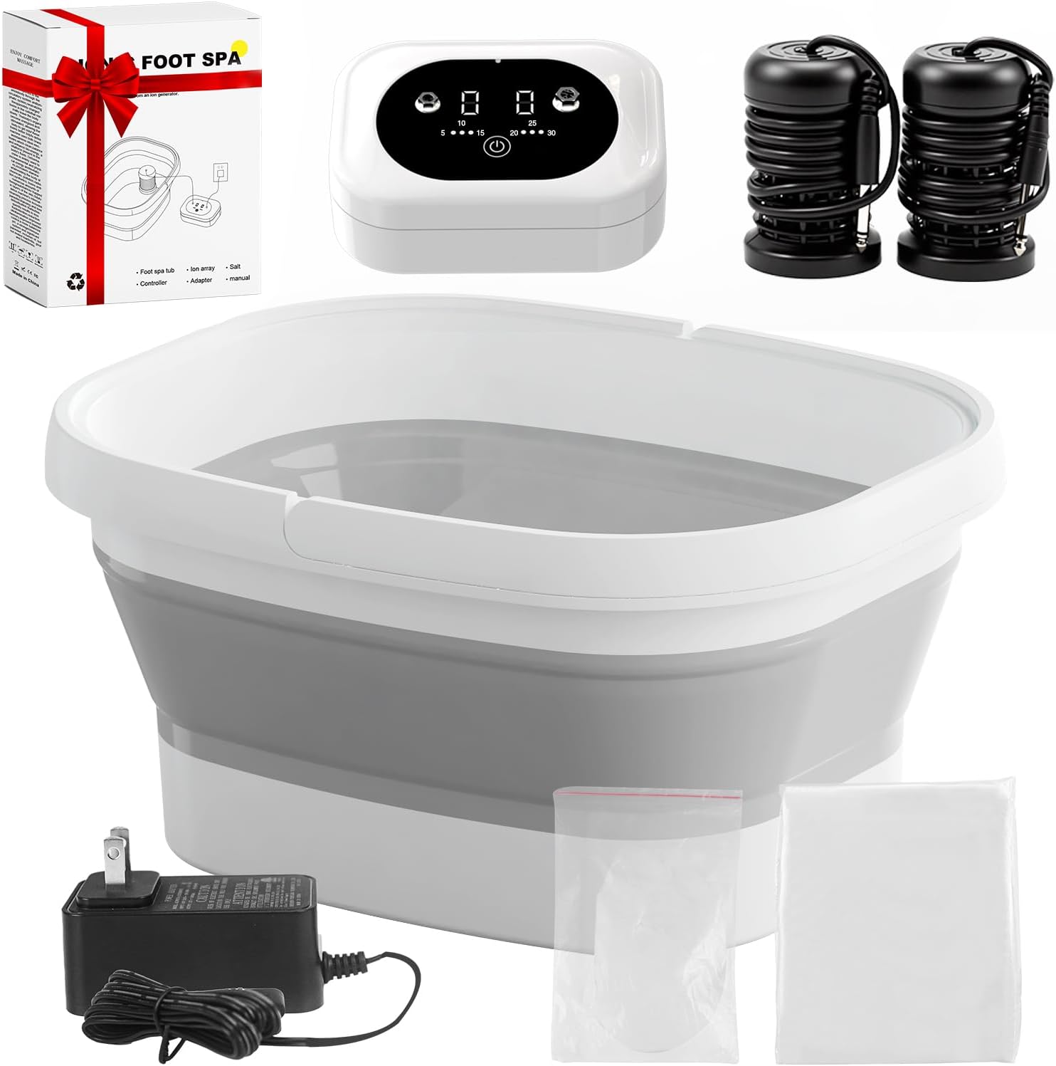 Ionic Foot Bath Detox Machine, Ionic Foot Spa to Remove Toxins with 2 Arrays, 80 Disposable Foot Bath Liners, Detoxification Sea Salt, Folding Bathtub, Gift for Women & Men