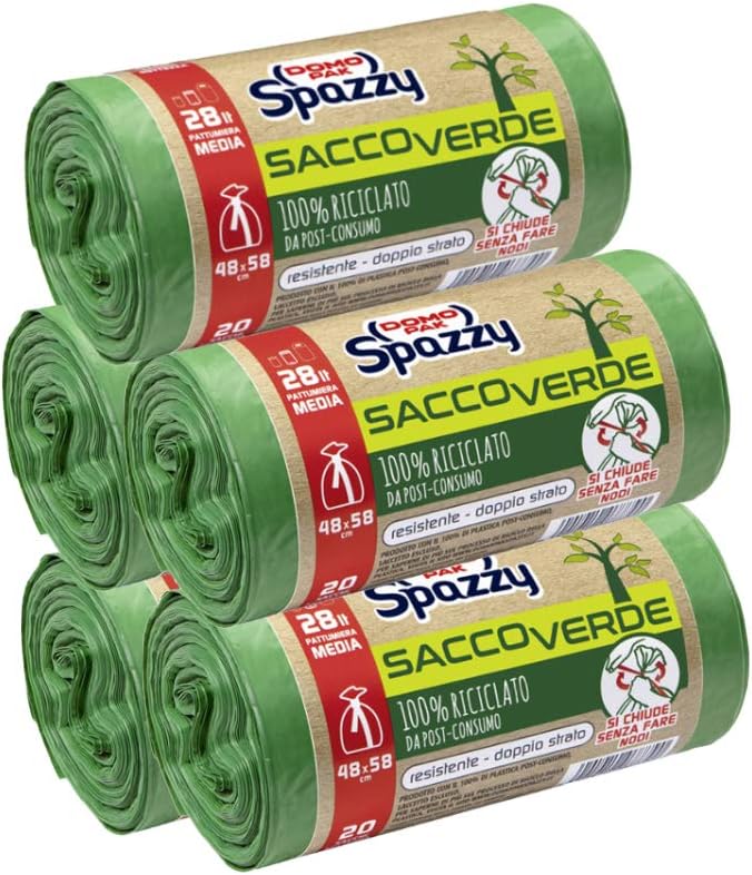 Trash bags, roll & firm system, 100% post-consumer recycled, domestic 28 L, green, 5 packs of 20 pieces