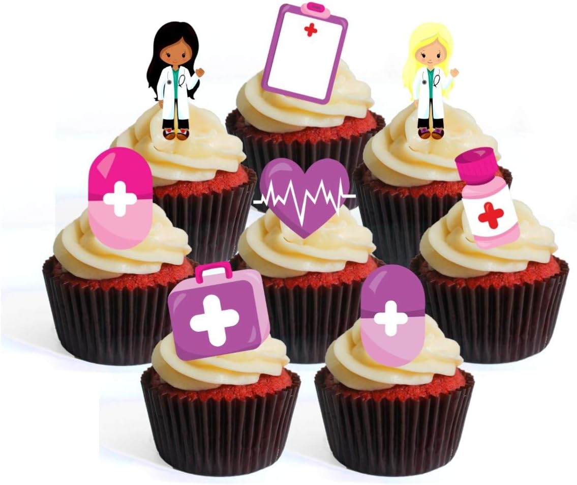 Pink Girl Nurses Doctors Hospital, Edible Cupcake Toppers - Stand Up Wafer Cake Decorations Medical Graduation and Retirement Cookie Decor 2 Inch / 5cm UNCUT (Pack of 24)