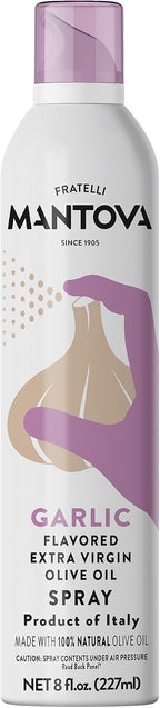 Mantova Extra Virgin Olive Oil Spray Garlic Flavored 8 oz. Spray Bottle - Manage Oil Amount - Great For Salads & Cooking