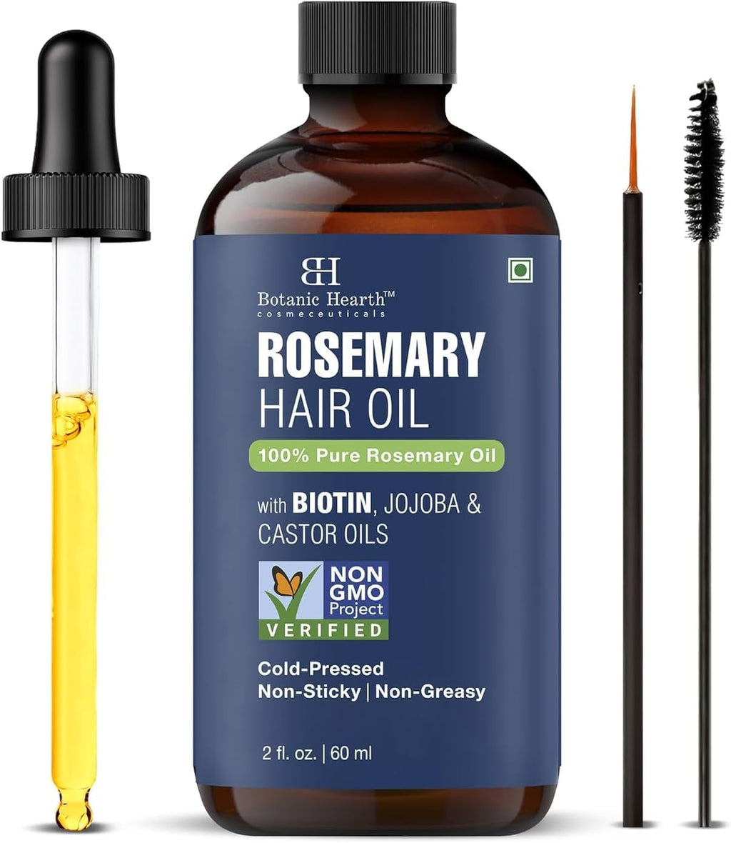 Botanic Hearth 100% Pure Rosemary Oil For Hair Growth Infused With Biotin | Hair Strenghtening Treatment | Nourishing & Volumizing | With Jojoba Oil & Castor Oil | Non GMO Verified | 2 fl oz, Blue