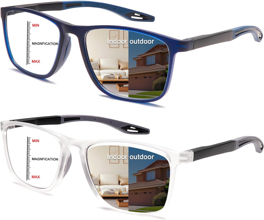 CLASAGA Progressive Multifocal Reading Glasses for Men Photochromic Gray Sunglasses Sports Style Blue Light Blocking Readers