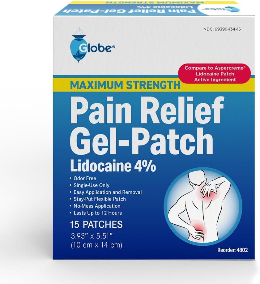 Globe -15 Pack - Maximum Strength OTC Pain Relief 4% Lidocaine Patch, 3.9” x 5.5”, Temporary Relief of Pain, Back, Neck, Shoulders, Knees, Elbows, Minor Skin Irritations 15-Count Box