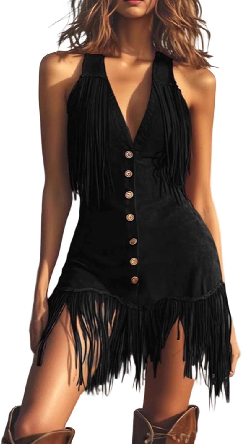 Women's Halter V Neck Fringe Mini Dress Sexy Western Cowgirl Faux Suede Tassel Slim Party Dresses