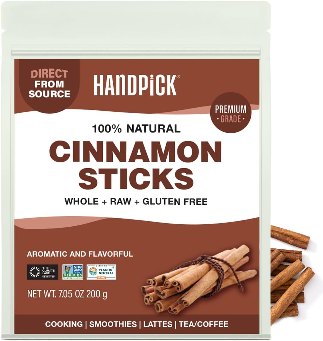 HANDPICK, Cinnamon Sticks (7 oz) 100% Raw, Non-GMO, Gluten-Free | Premium Quality | Resealable Ziplock Pouch | Perfect for Baking, Cooking & Beverages