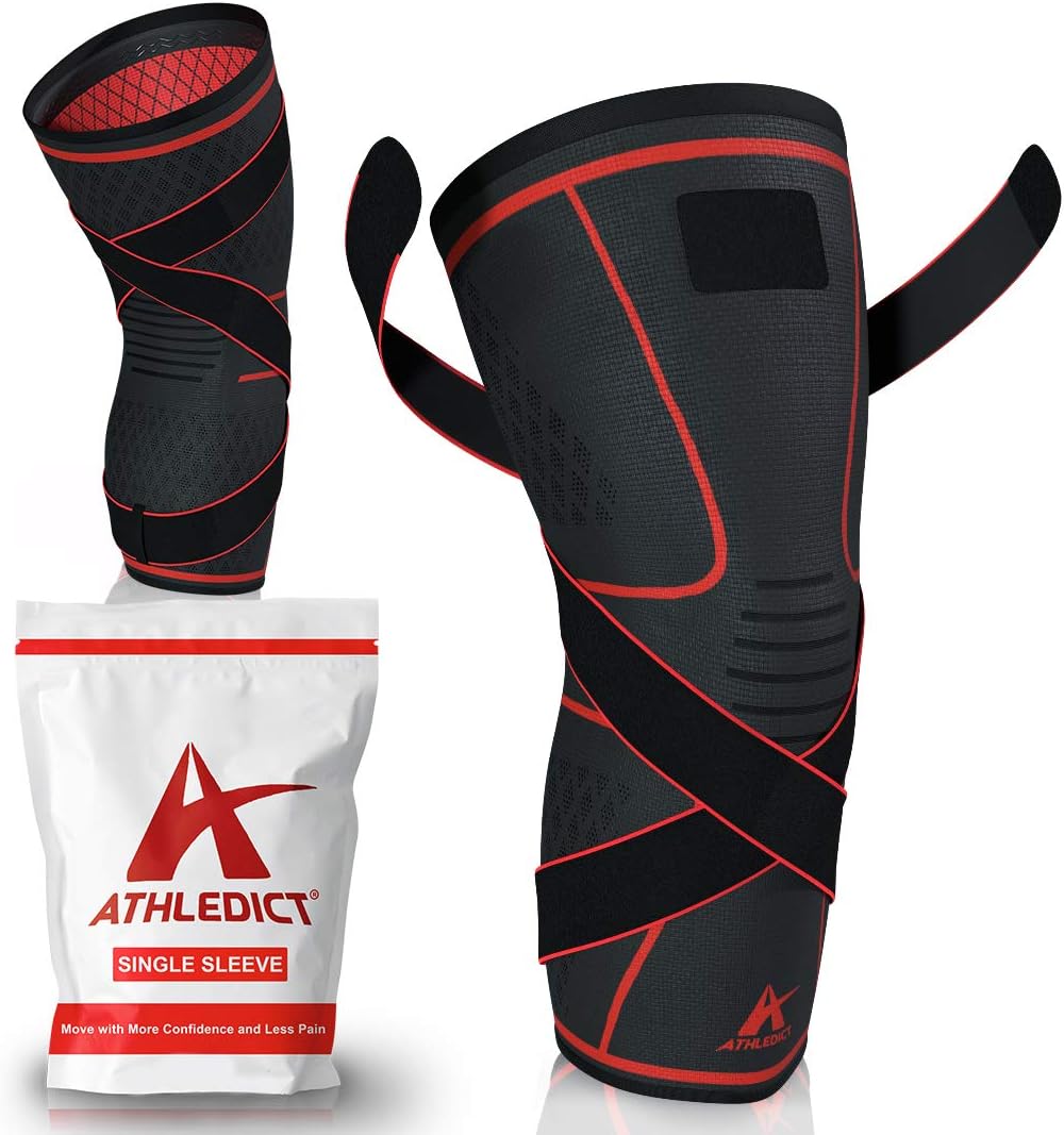 ATHLEDICT Knee Brace Compression Sleeve with Strap for Best Support & Pain Relief for Meniscus Tear, Arthritis, Running, Basketball, MCL, Jogging, Post Surgery Recovery for Men & Women, L