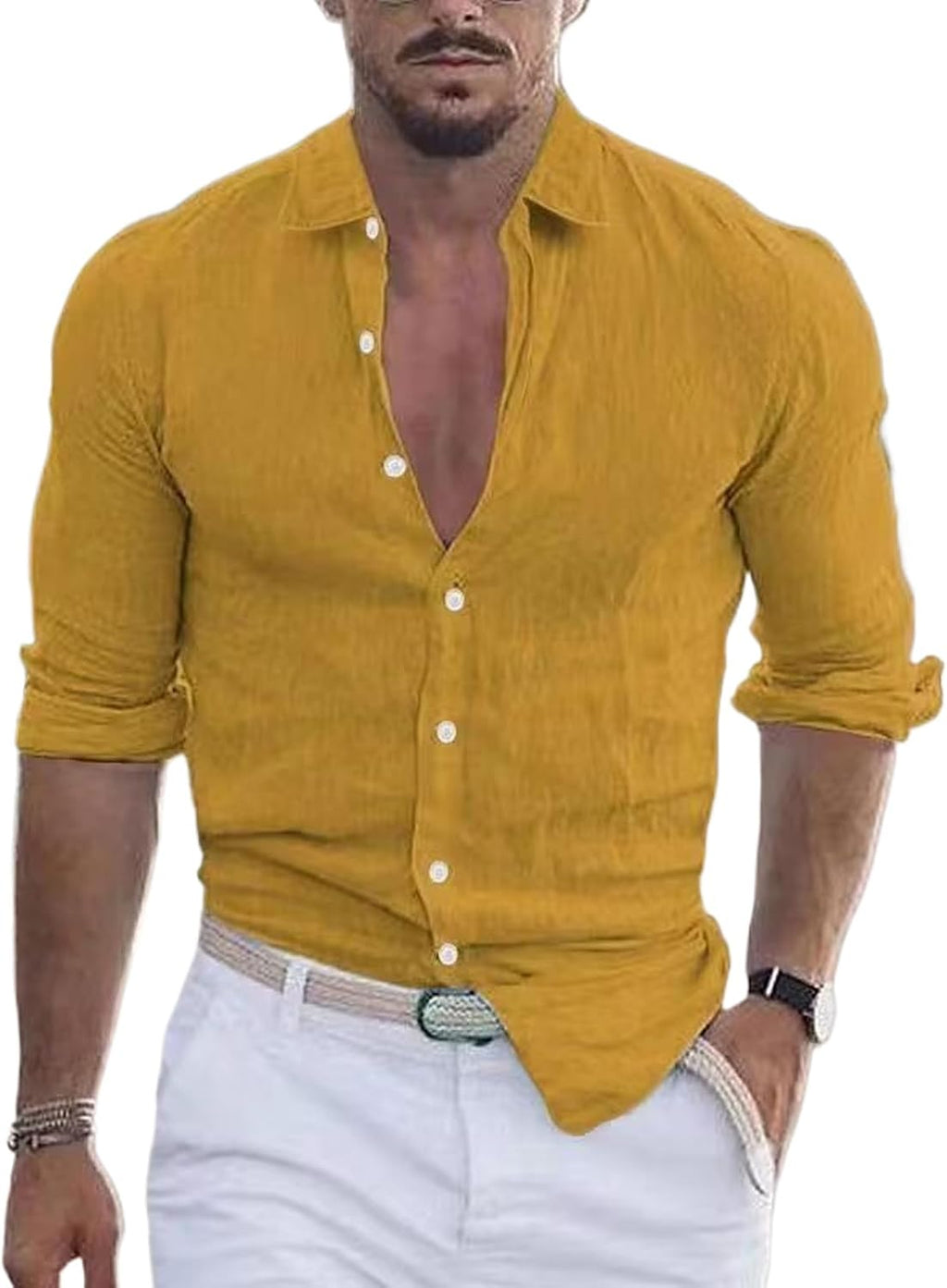 Men's Shirt Cotton Linen Casual Lapel Beach Shirt Long Sleeve Solid Color Holiday Shirt