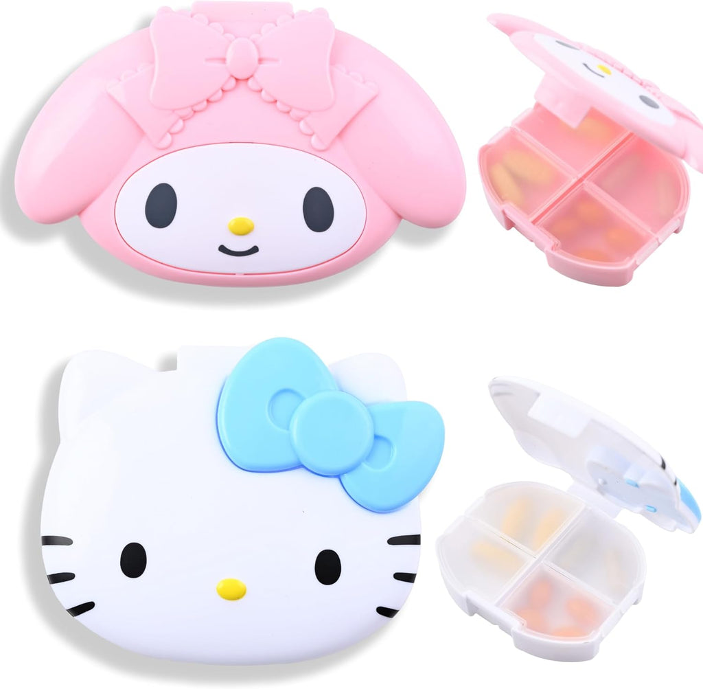 Kitty & MyMelody Pill Box - 4 Compartment Weekly Pill Organizer - Fun Medicine Pill Organizer - Durable Travel Pill Case with Snap Closure (Kitty + MyMeloday)