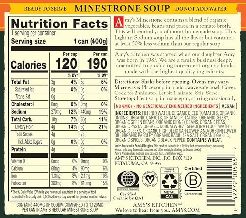 Amy’s Soup, Vegan Minestrone, Light in Sodium, Made With Organic Vegetables, Beans and Pasta in Tomato Broth, Canned Soup, 14.1 Oz (6 Pack)