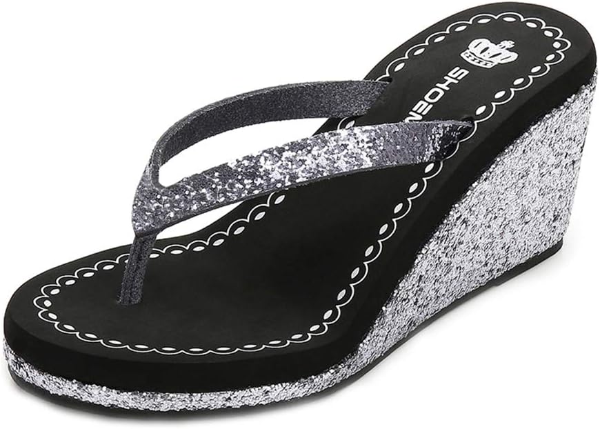 MIOKE Women's Wedge High Heel Flipflops Sandals Glitter Sequin Platform Comfy Nonslip Summer Thong Sandal