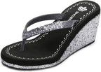 MIOKE Women's Wedge High Heel Flipflops Sandals Glitter Sequin Platform Comfy Nonslip Summer Thong Sandal