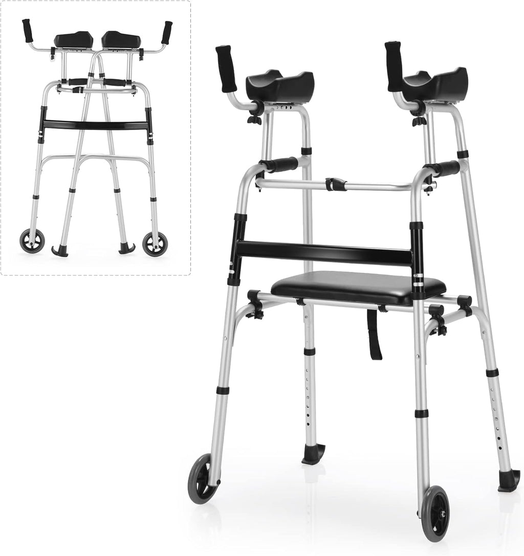 Goplus Folding Walker for Seniors, Lightweight Standard Walker with 5’’ Wheels, Seat and Arm Rest Pad, Height Adjustable Platform Walker, Standing & Walking Mobility Aid for Elderly Handicap Disabled