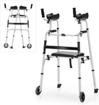 Goplus Folding Walker for Seniors, Lightweight Standard Walker with 5’’ Wheels, Seat and Arm Rest Pad, Height Adjustable Platform Walker, Standing & Walking Mobility Aid for Elderly Handicap Disabled