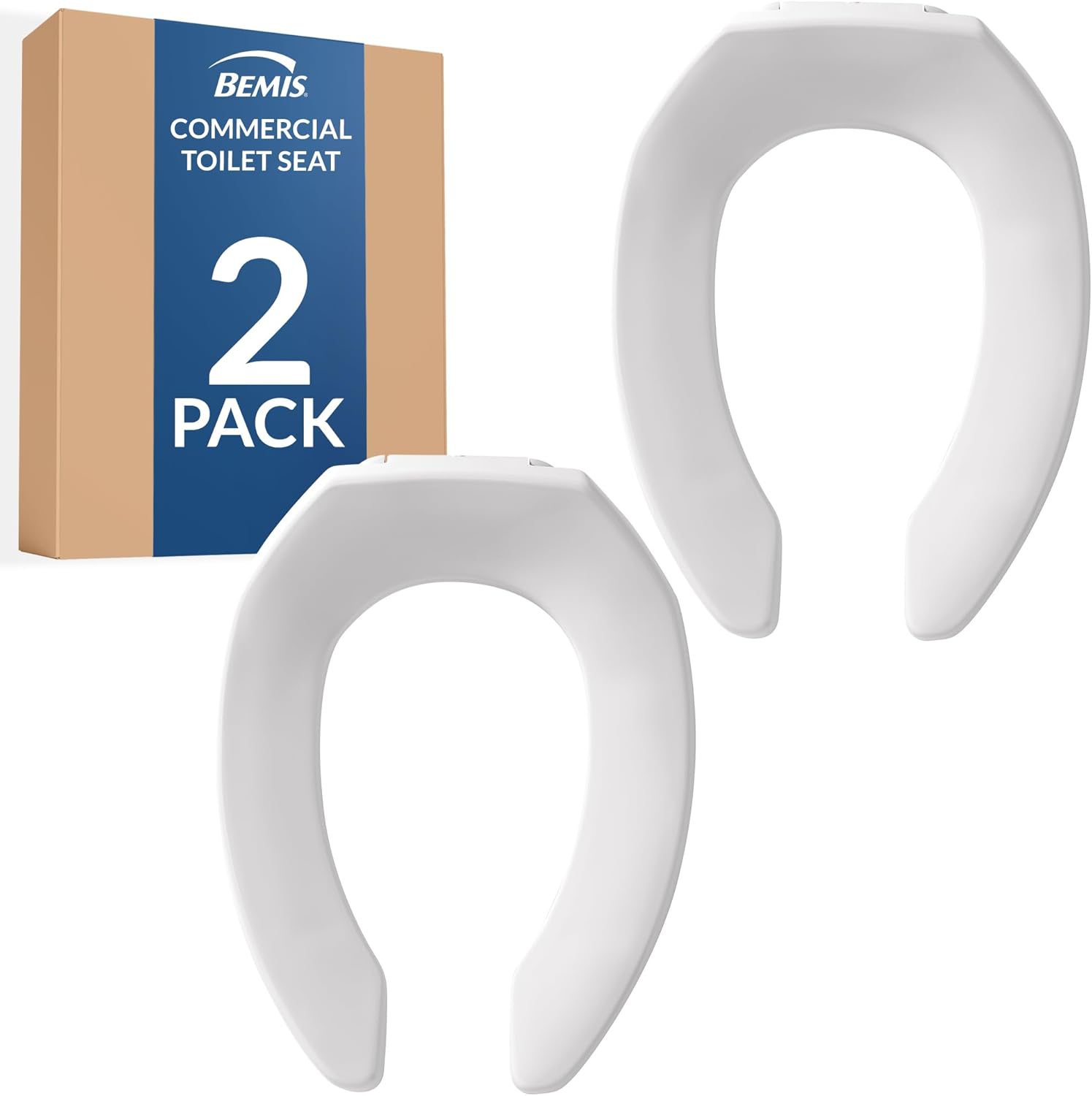 Bemis 2 Pack Commercial Open Front Plastic Toilet Seat, Heavy Duty Industrial Seat Without Lid, Secure Installation for Long Lasting Use, Made in USA, Elongated, White, 1955CT