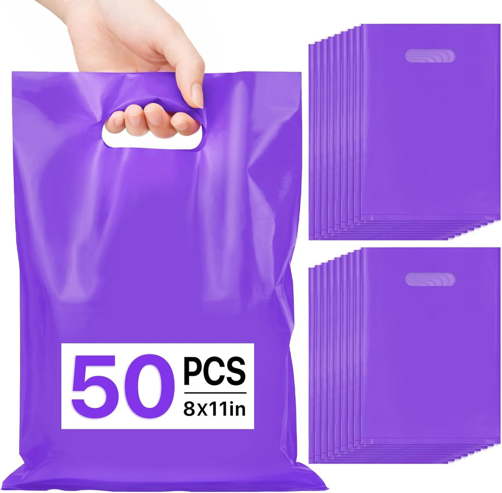 ANZNKU 50 PCS Purple Party Favor Bags, Goodie Bag for Candy Treat Jewelry Craft, Plastic Gift Bags with Die Cut Handles for Birthday, School Events & Small Business, Halloween, Easter Gifts(8x11 inch)