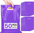 ANZNKU 50 PCS Purple Party Favor Bags, Goodie Bag for Candy Treat Jewelry Craft, Plastic Gift Bags with Die Cut Handles for Birthday, School Events & Small Business, Halloween, Easter Gifts(8x11 inch)