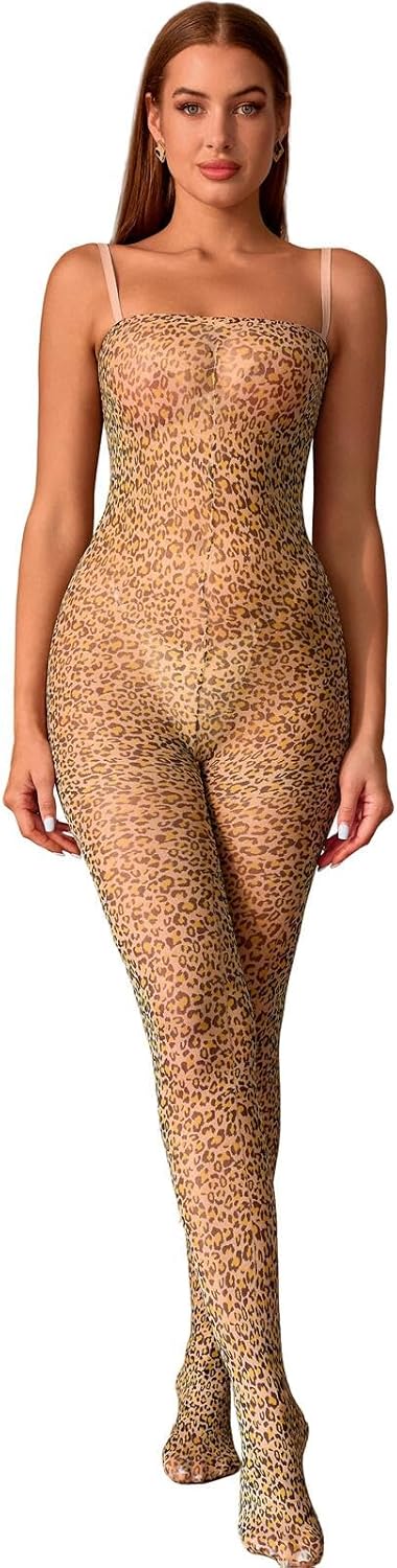 Women's Mesh Jumpsuit See-throught Sexy Sling Bodysuit Fishnet Leopard Crotchless Bodycon One Size
