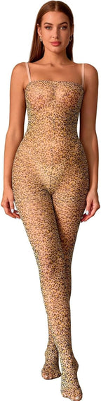 Women's Mesh Jumpsuit See-throught Sexy Sling Bodysuit Fishnet Leopard Crotchless Bodycon One Size