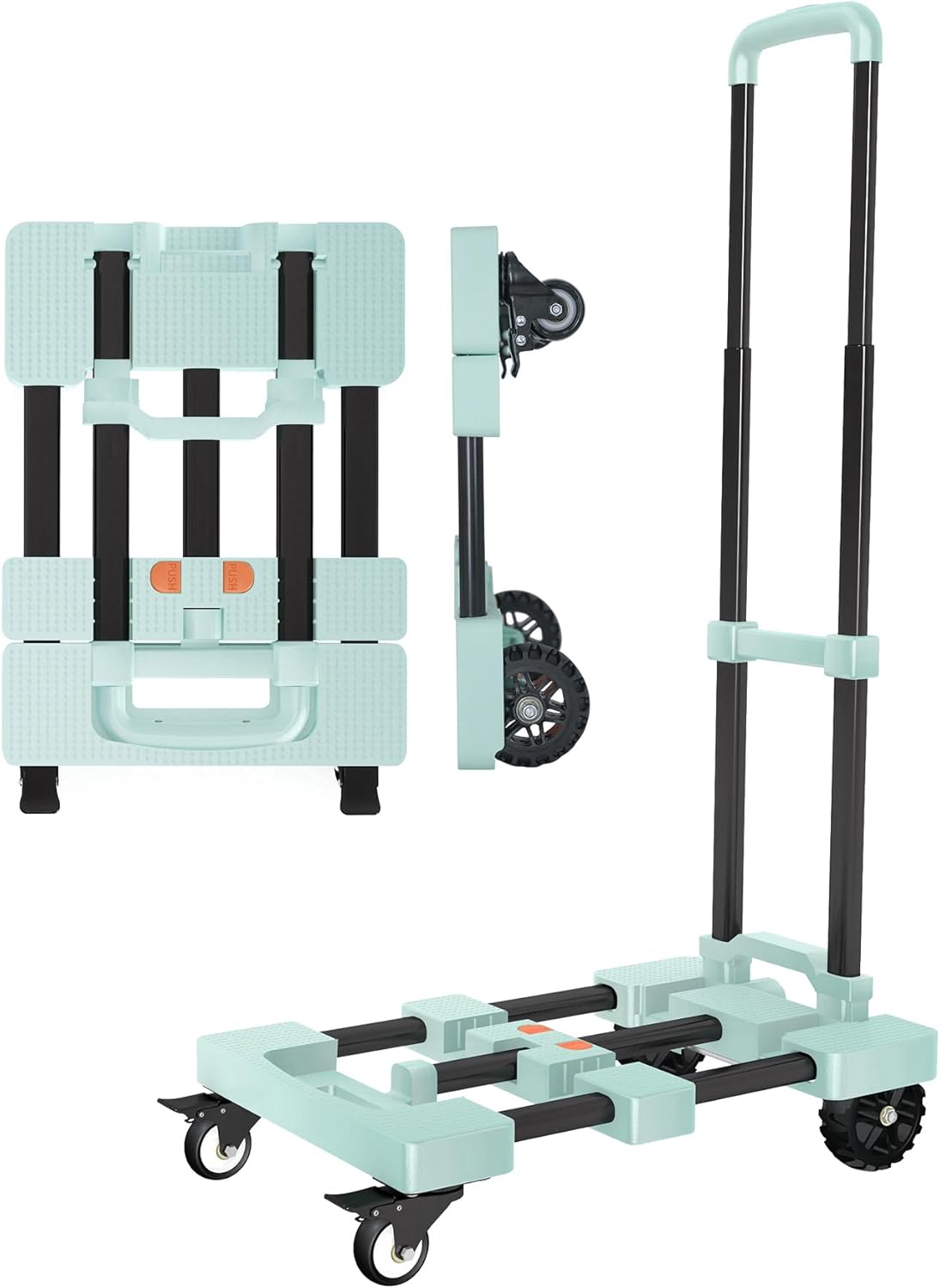 Heavy-Duty 500LB Capacity Hand Truck with One-Touch Retractable Handle & Extendable Plate, Portable Collapsible Dolly Cart with 4 Wheels w/Brakes Folding Luggage Cart for Travel/Home Use, Green
