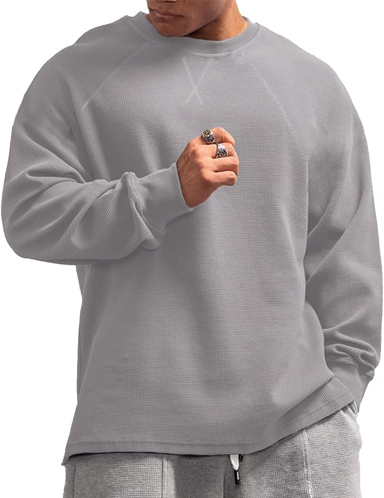JEEING GEAR Men's Basic Long Sleeve Waffle Sweatshirt Loose Fit Workout Pullover Crewneck Shirt