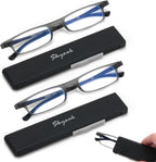 2 Pack Ultra thin Lightweight Folding Reading Glasses Women Men TR90 Blue Light Blocking Anti UV/Eyestrain Foldable Compact Computer Readers Portable Unique Stretchable Slim Flat case Gunmetal, +2.5