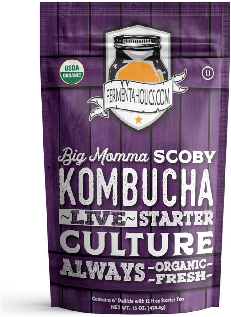 Fermentaholics BIG MOMMA Kombucha SCOBY – 12 fl o z – 6" Pellicle + 12 oz Starter Tea – Organic Kombucha Culture – Makes 1 Gallon