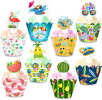 48 PCS Hawaiian Luau Cake Cupcake Toppers Wrappers, Luau Tropical Hawaiian Cupcake Toppers with Flamingo Flower Fruit Shape for Summer Beach Pool Birthday Party Supplies