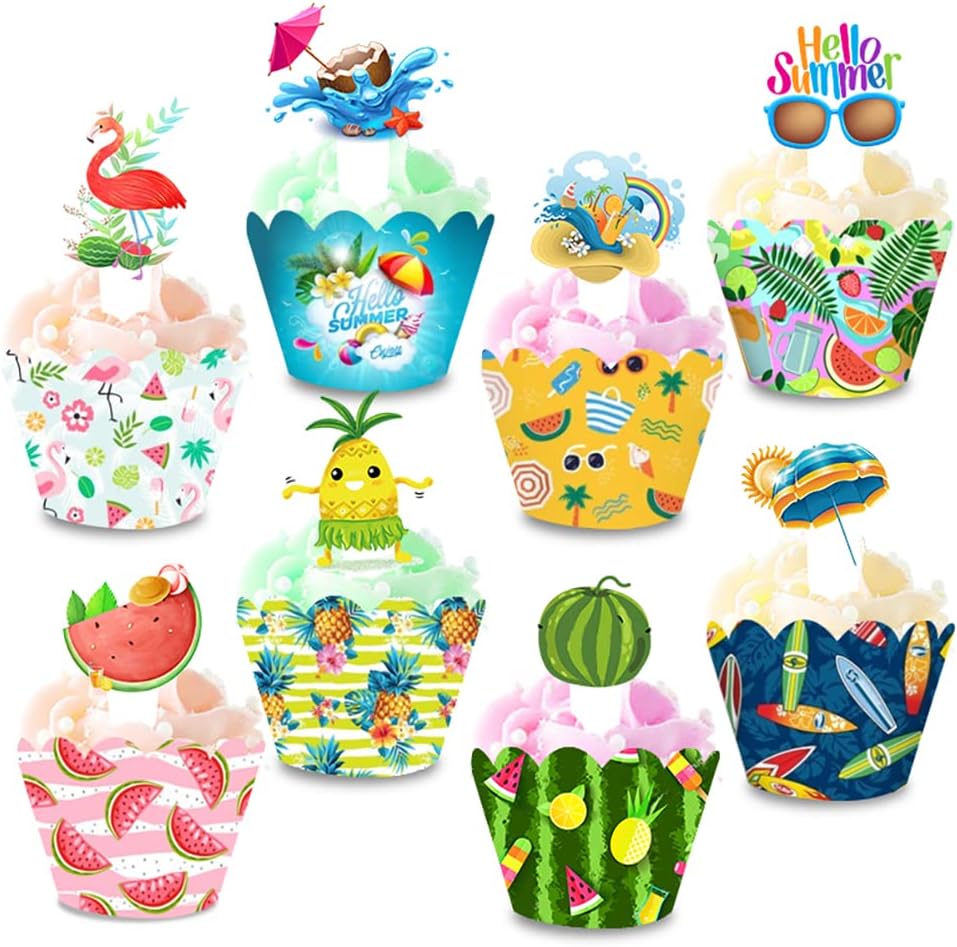 48 PCS Hawaiian Luau Cake Cupcake Toppers Wrappers, Luau Tropical Hawaiian Cupcake Toppers with Flamingo Flower Fruit Shape for Summer Beach Pool Birthday Party Supplies