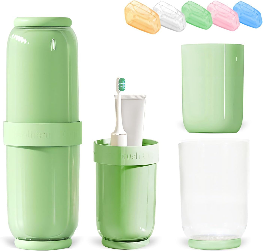Toothbrush Travel Case 4 Cups Inside - Family Travel Toothbrush Holder with Cover and Vent Holes, Toothbrush Case with 5 Toothbrush Covers for Toothbrush Toothpaste (Green)