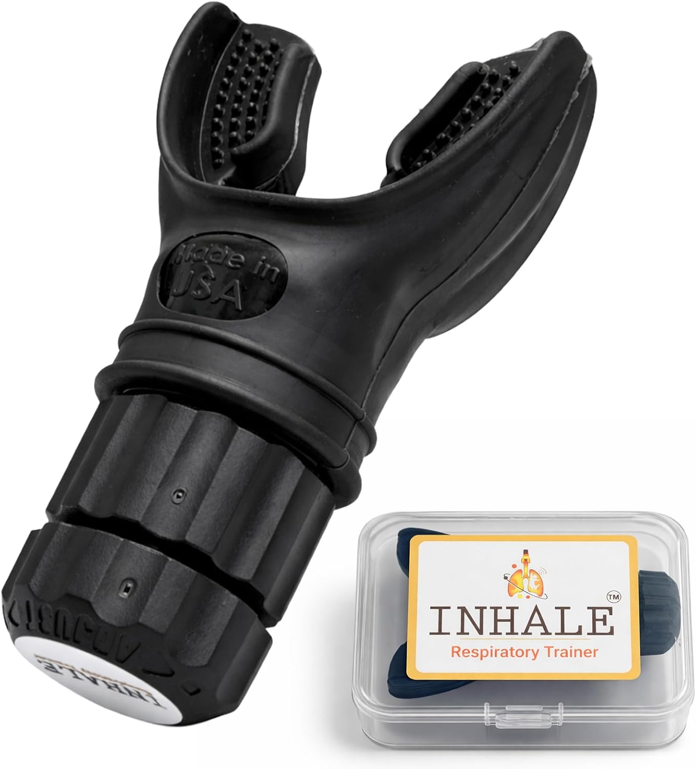 Inhale Respiratory Trainer | Lung Strengthening Breathing Exercise Device | Made in USA | Adjustable Bi-Directional Resistance | Medical Grade Silicone Mouthpiece | Carrying Case Included