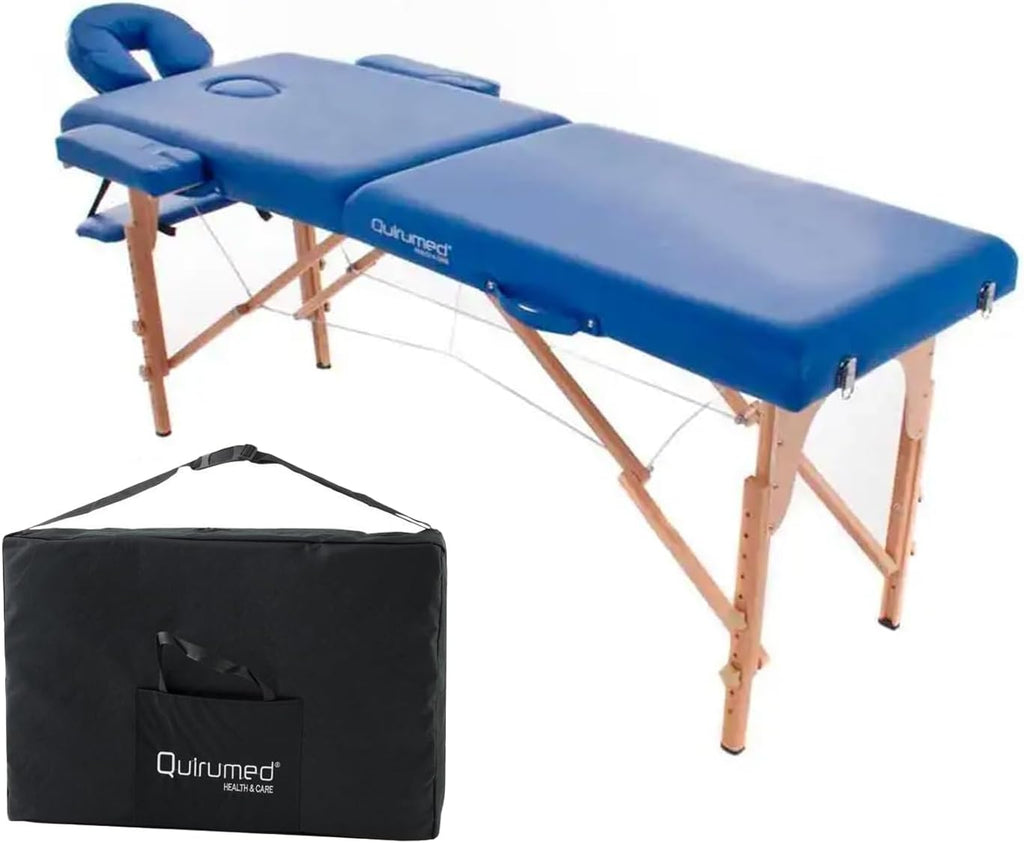 Folding Easy Wooden Massage Table, Blue, 194 x 70 cm, Physiotherapy Massage, Leatherette, Articulated Head, Adjustable Height, 2 Bodies, Up to 150 kg