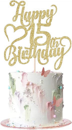 Gold Glitter Happy 15th Birthday Cake Topper - 15 Anniversary/Birthday - Hello 15, Cheers to 15 Years,15 & Fabulous Cake Topper Party Decoration