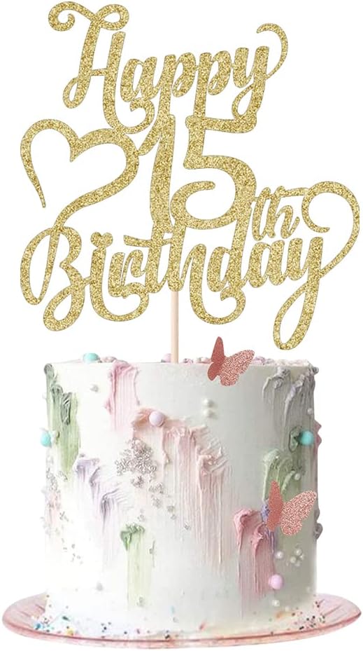 Gold Glitter Happy 15th Birthday Cake Topper - 15 Anniversary/Birthday - Hello 15, Cheers to 15 Years,15 & Fabulous Cake Topper Party Decoration