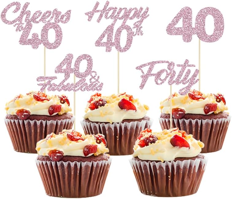 30Pcs Happy 40th Cupcake Toppers Pink Glitter Cheers to 40 Fabulous Cake Decorations for 40th Birthday Wedding Anniversary Party Supplies