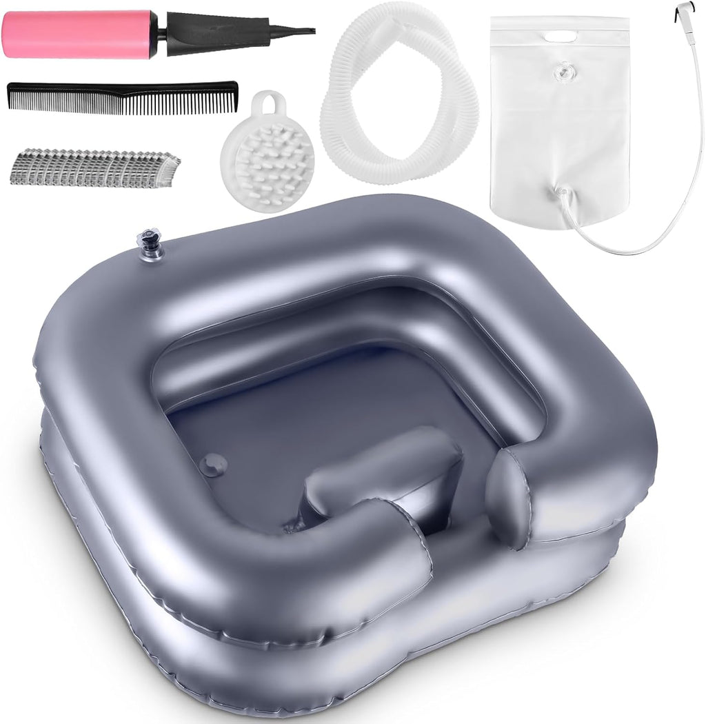 Inflatable Shampoo Basin, Loc Detox Tub for Dreads, Shampoo Buddy Bowl for Bedridden, Disabled,Injured with 2.5 GL Portable Water Shower Bag（Silvery）