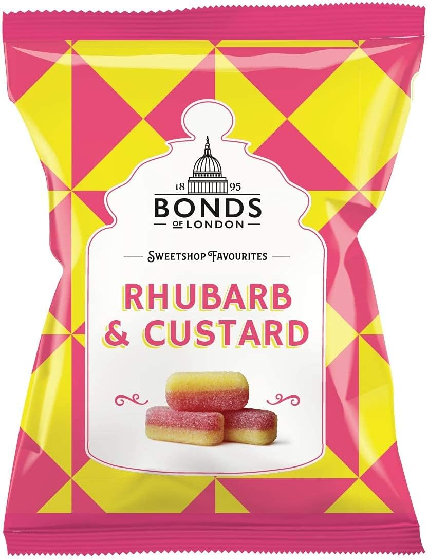 Original Bonds London Rhubarb & Custard Bag Sugar Coated Rhubarb & Vanilla Flavored Boiled Sweets Imported From The UK The Best Of British Candy - PACK OF 2
