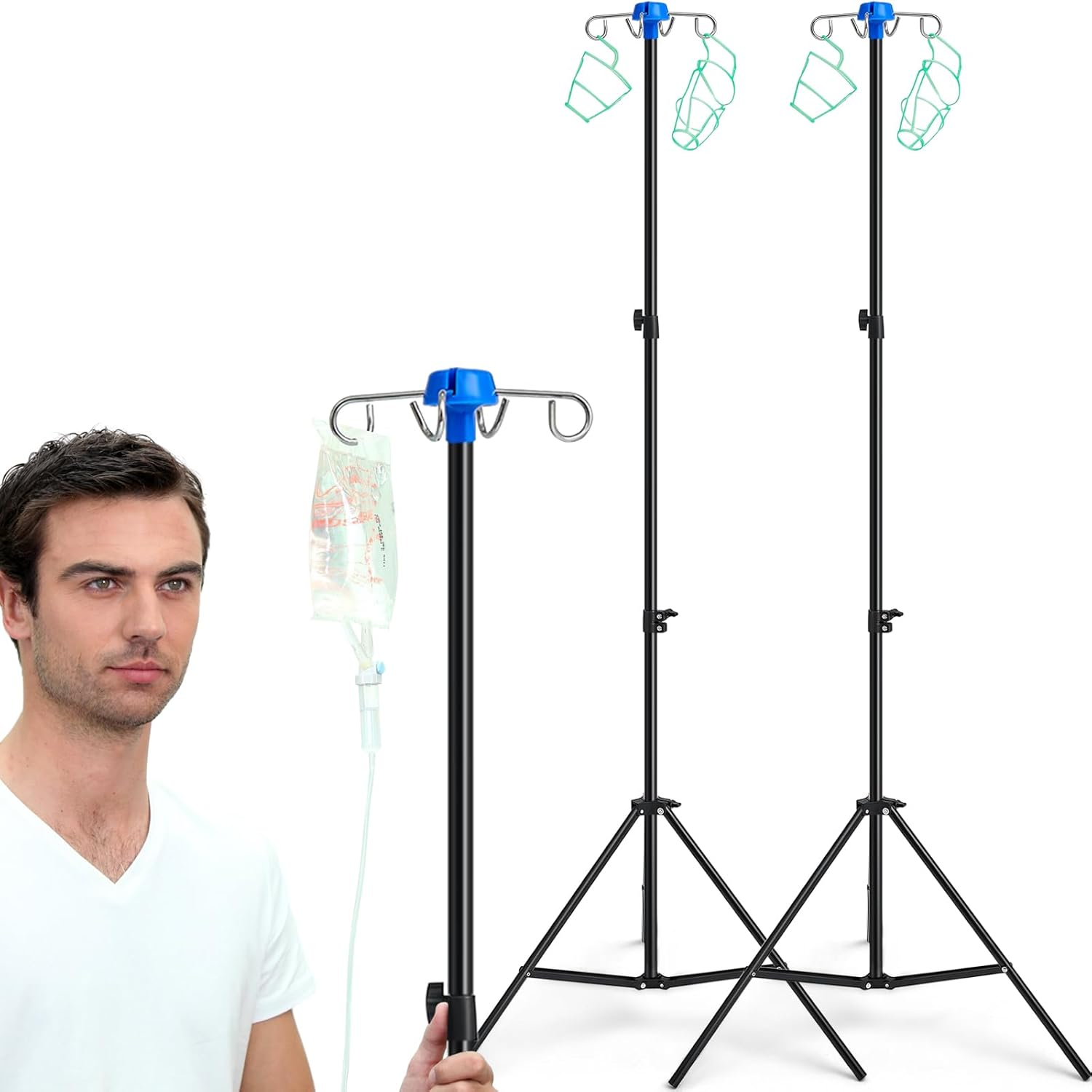 TrelaCo 2 Pcs Portable IV Pole Stand Collapsible Drip Bag Pole Rack Foldable, Aluminum Alloy, 4 Hooks 3 Legs, Adjustable Height for Travel, Hospitals Clinics Wheelchairs Beds
