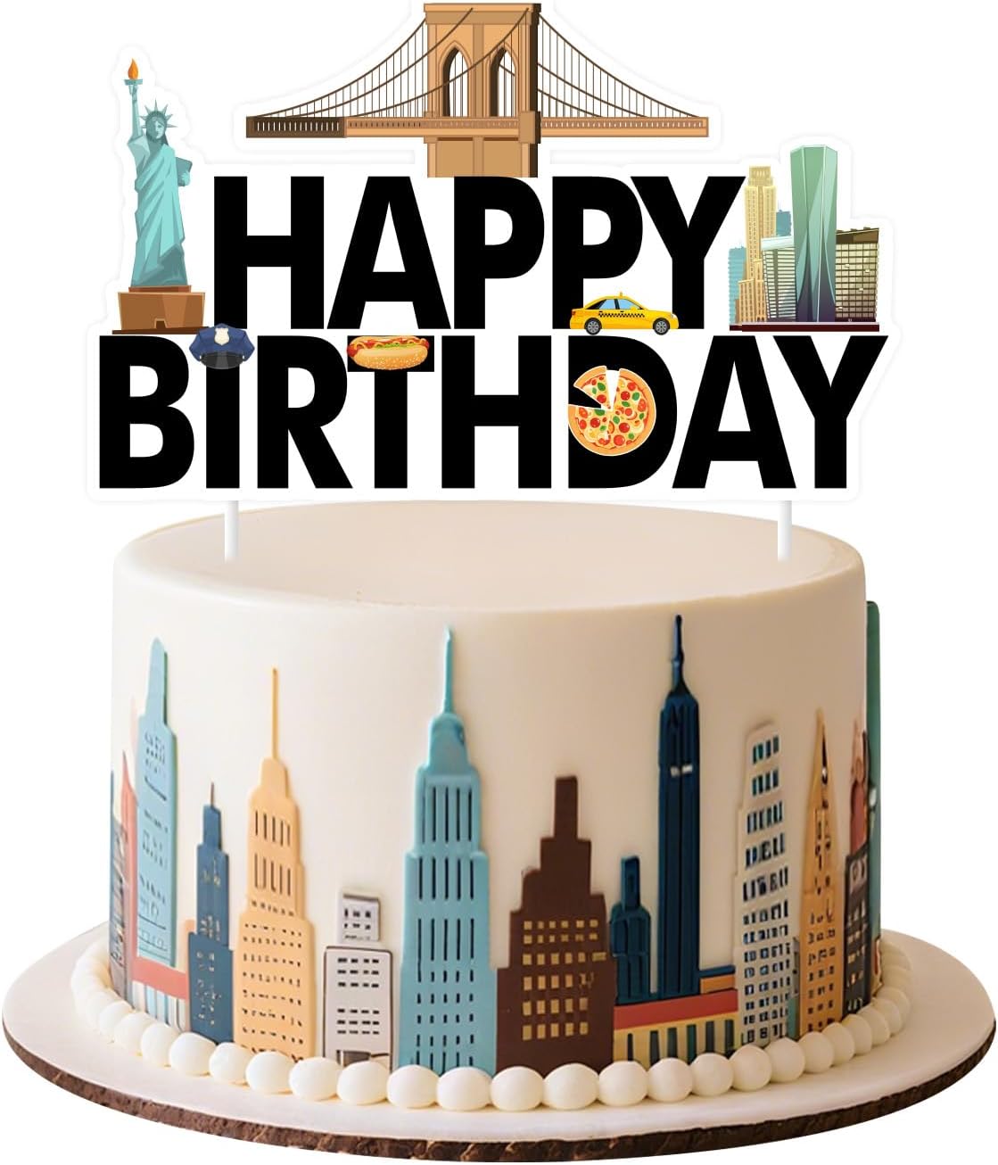 New York Cityscape Theme Happy Birthday Cake Topper, Skyscraper Cake Decoration, American Landmarks Theme Cake Picks for Birthday Party Supplies