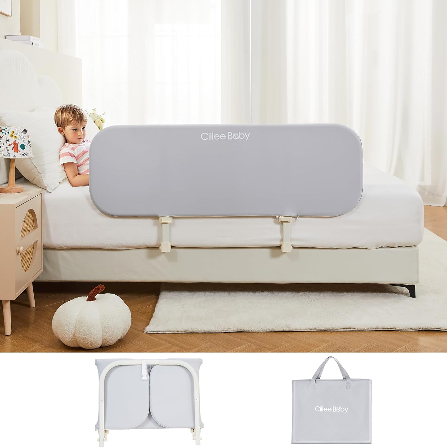 Ciilee Baby Bed Rail for Toddlers Portable Travel Kids Beds Guard Rails for Queen Bed Foldable Children Side Railing for Twin Beds Adjustable Bedrail Barandas para Camas de Niños（Grey,32in