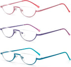 MMOWW 3 Pack Half Frame Reading Glasses for Women Men Slim Half Moon Lens Readers Semi Rimless Metal Frame Spring Hinges