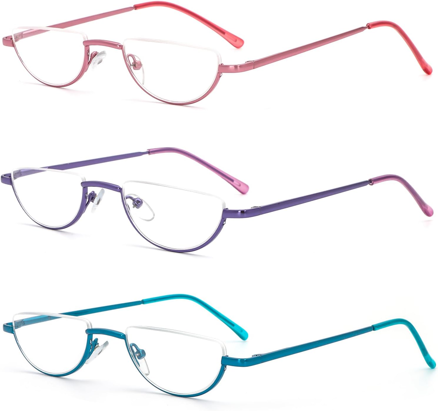 MMOWW 3 Pack Half Frame Reading Glasses for Women Men Slim Half Moon Lens Readers Semi Rimless Metal Frame Spring Hinges