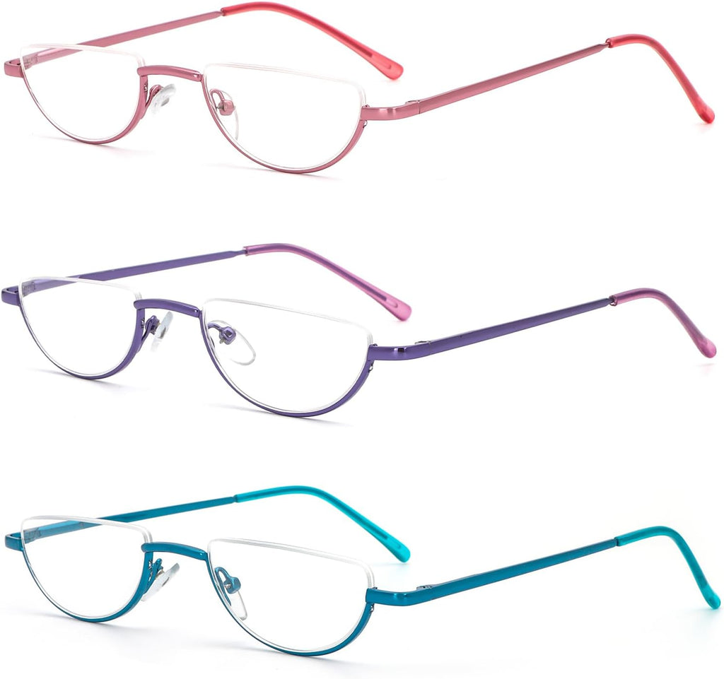 MMOWW 3 Pack Half Frame Reading Glasses for Women Men Slim Half Moon Lens Readers Semi Rimless Metal Frame Spring Hinges