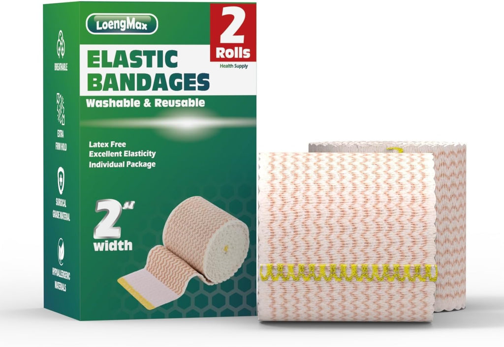 Elastic Bandage Wrap 2” Wide, 2 Pack | High-Performance Compression Bandage Wrap | Reusable | Excellent Elasticity for Legs, Ankle, Knee, Tummy, Body, Wrist | Sports & Outdoors (2 Pack)