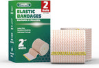 Elastic Bandage Wrap 2” Wide, 2 Pack | High-Performance Compression Bandage Wrap | Reusable | Excellent Elasticity for Legs, Ankle, Knee, Tummy, Body, Wrist | Sports & Outdoors (2 Pack)
