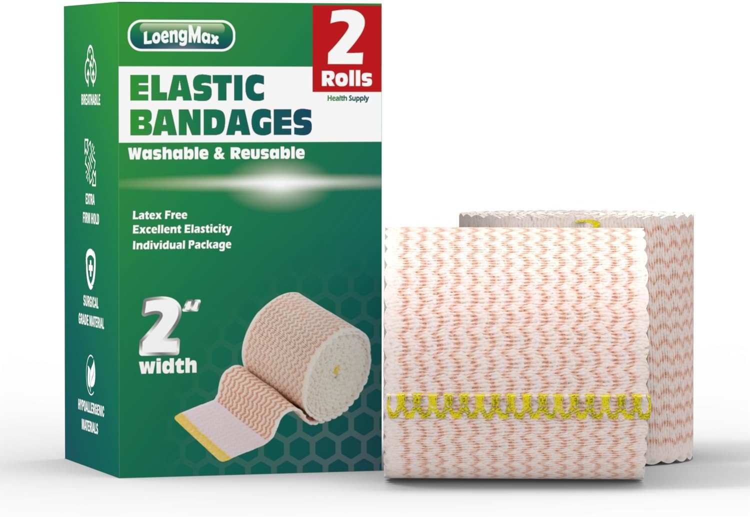 Elastic Bandage Wrap 2” Wide, 2 Pack | High-Performance Compression Bandage Wrap | Reusable | Excellent Elasticity for Legs, Ankle, Knee, Tummy, Body, Wrist | Sports & Outdoors (2 Pack)
