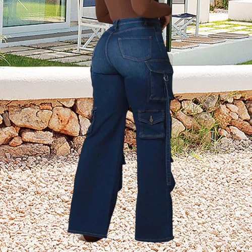 Women's Wide Leg Jeans High Waisted Cargo Pocket Baggy Stretchy Casual Denim Pants
