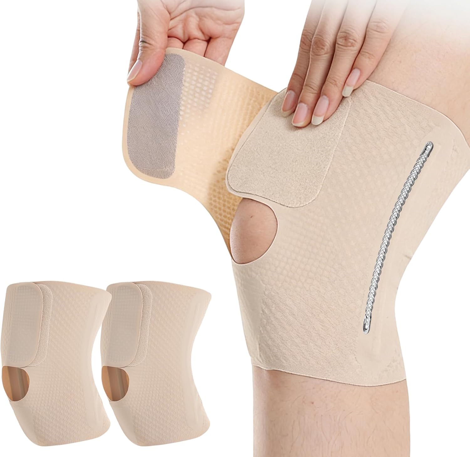 Ultra Thin Knee Brace for Women Men with Side Stabilizers, 2 Pack Knee Braces for Knee Pain ACL MCL Arthritis Joint Pain Relief, Adjustable Compression Sleeve Patellar Tendon Support Strap, Rodilleras Para Dolor de Rodillas (Beige, Medium)